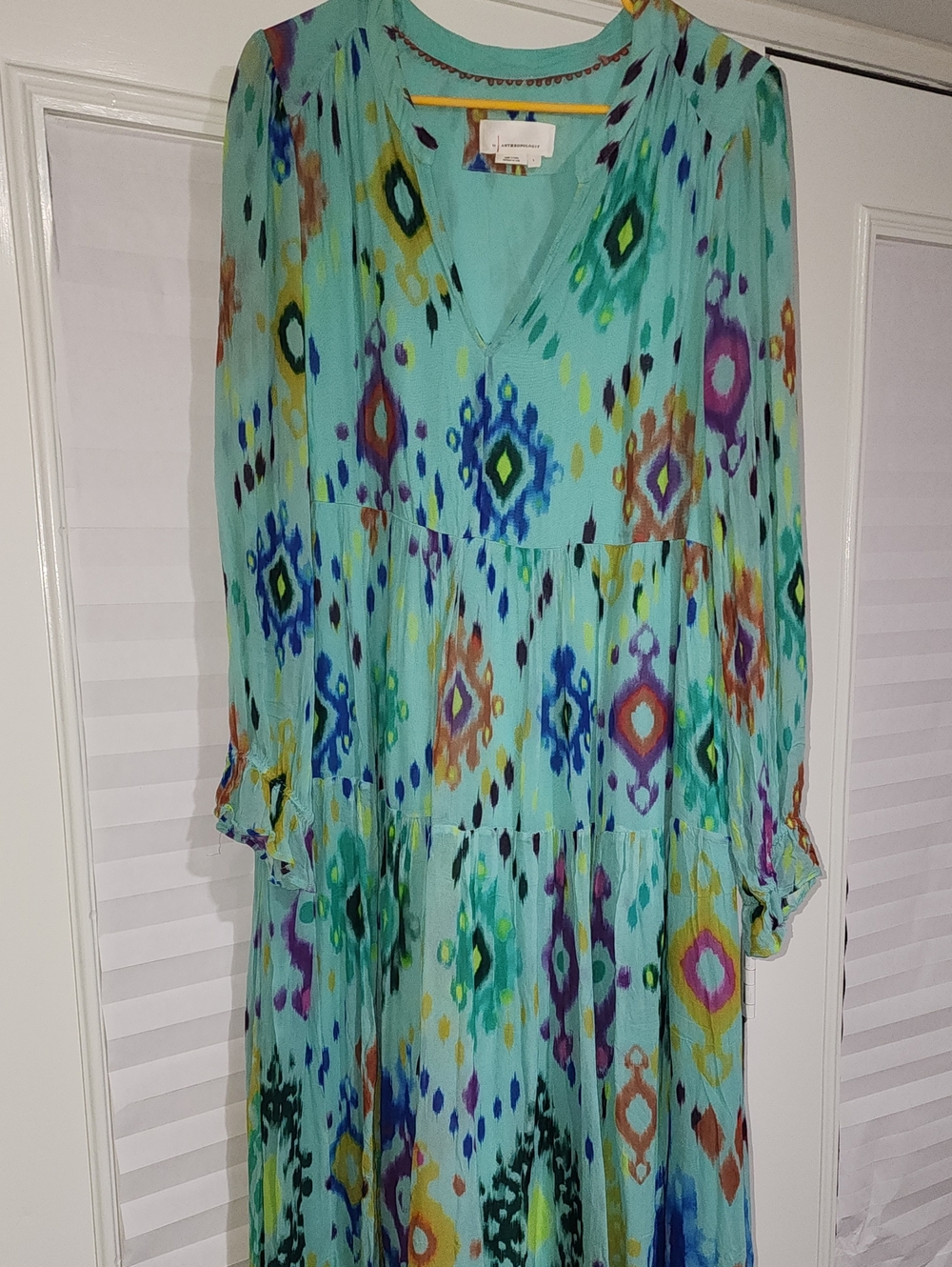 Anthropologie Aqua Ikat-Print Long Sleeve Tiered Maxi Dress